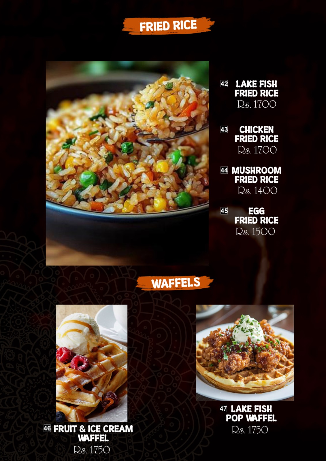 Hambu Café menu board — Fried Rice and Waffles page listing Lake Fish, Chicken, Mushroom and Egg fried rice, plus Fruit & Ice Cream and Lake Fish Pop waffles with prices